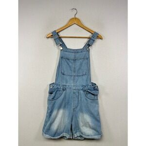 Summer Boho Jeans Womens Medium Light Blue Denim Cuffed Shortalls Overalls 5233